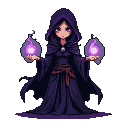 Sorceress with glowing purple orbs in hands, face obscured by hood.