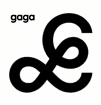 Black pixelated "gaga" text to the left of a large, stylized black infinity loop symbol on a white background.
