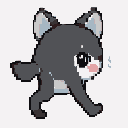 Grey wolf walking, with expressive eyes, pink cheek blush, and subtle air puffs from its snout.