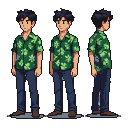 Pixel Art: 一个香港古惑仔，男性，黑发，褐绿花衬衫。人物三视图。