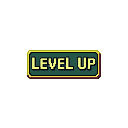"LEVEL UP" text in glowing yellow on a green banner with red and gold borders, set against a dark background.