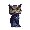 An owl-headed wizard with piercing yellow eyes and deep blue robes, rendered in pixel art.