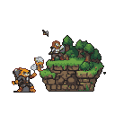 Anthropomorphic fox-warrior with axe faces human warrior with shield and sword on mossy platform, small bird in background.