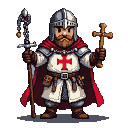 Stout Templar Chaplain in white tunic with red cross, plate armor, and crimson cape, holding a spiked mace and a wooden cross reliquary.