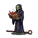 Skeletal necromancer in dark robes, face obscured by hood, with glowing red eye sockets, holding an open tome with levitating red strawberries.