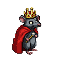 Regal rat wearing a jeweled golden crown and crimson cape, holding a scepter.