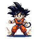Chibi Goku in a dynamic fighting pose, fists clenched, orange gi, blue-black hair, on a black background with yellow energy sparks.