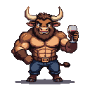 Muscular anthropomorphic bull with a beard and large horns, holding a glass of red wine.