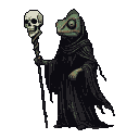 Pixel Art: character in dark robes with chameleon face and skull staff