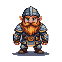 Stout dwarf cleric in segmented metallic armor with gold accents, a fiery orange beard, and a stern, determined expression.