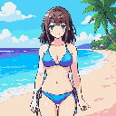 Pixel Art: An anime girl on the beache with a bikin blue