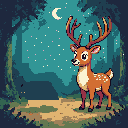 A brown deer with white spots and large antlers stands on a dirt path in a moonlit forest with pixelated trees and a teal sky.