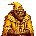 A wise gorilla in a golden wizard's robe and pointed hat, holding a golden orb on his chest, with clasped hands.