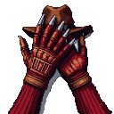 Freddy Krueger's razor-gloved hand with crimson leather and metallic claws against a black background.