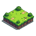 Isometric view of lush green grass with scattered tan stone tiles and small green shrubs, revealing layers of exposed brown soil beneath.