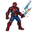 Pixelated Spider-Man in a red and blue armored space suit, gripping a glowing, energetic ethereal blade.