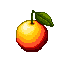 A single, ripe apple with shades of red, orange, and yellow, a deep green leaf and stem, on a black background.