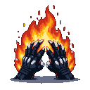 Jagged black claws with white talons surrounded by crackling red and orange flames against a black background.