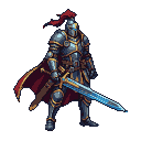 Knight in dark gray plate armor with bronze trim and a crimson cape, wearing a helmet with a red plume, holding a broadsword with a shimmering blue blade.