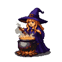Young witch in a purple robe and pointed hat stirring a bubbling cauldron.