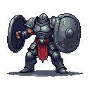 Pixel Art: side profile of Armored brawler with 2 giant metal shields o...