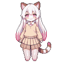 Cat girl with long white hair with pink tips, large pink eyes, and cat ears, wearing a beige sweater and pleated skirt. A striped cat tail curls to her side.