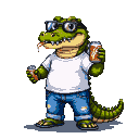 A dapper alligator wearing glasses, a white t-shirt, distressed blue jeans, and flip-flops, holds two cans of soda.