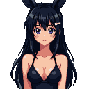 Young woman with long black hair, a white bunny clip, and violet eyes, wearing a black swimsuit.