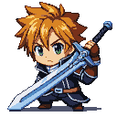 Young swordsman with spiky orange hair, green eyes, and a serious expression, holding a large, gleaming blue sword. He wears a dark fantasy adventurer outfit.