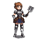 Young woman in segmented plate armor, brown gambeson, and blue skirt holds a large four-pronged spatula aloft.