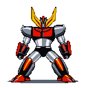A silver, black, and red robot with a yellow-horned head stands in a wide, defensive stance.