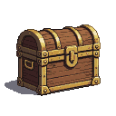 Weathered wooden chest with brass fittings, a domed lid, ornate latch, and side handle.