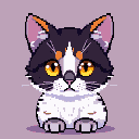 A cute calico cat with amber eyes, black, white, and orange fur, sits with paws tucked.