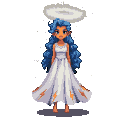 Ethereal female figure with long blue hair, white gown, and a pale halo, standing against a black background.