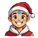 Aang smiling joyfully, wearing a Santa hat and a red, fur-trimmed outfit, with his blue forehead arrow visible.