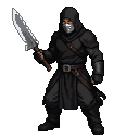 Hooded figure in a dark robe and white mask, wielding a large, jagged axe.