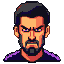 A pixelated man's angry face with furrowed brows and piercing purple eyes, dark hair, and a rugged beard.