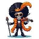 A skeletal musician in a black suit, orange feather boa, and crown top hat plays a violin and holds a cane. They wear heart-shaped sunglasses on their skull face.
