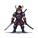 Warrior in dark segmented armor holding two katanas, stern helmet with horns, crimson sash, and a third sword sheathed on back.