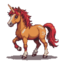 A majestic orange unicorn with a fiery red mane and tail stands with one foreleg lifted. Its spiraling horn gleams, and a snowflake-like marking is on its flank.
