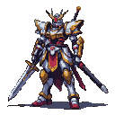 Knight in detailed metallic armor with gold accents and a crimson sash, holding two swords.