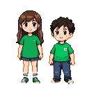 A girl with long brown hair and a boy with dark, spiky hair stand side-by-side, both in green t-shirts, denim shorts, and sneakers.