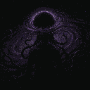Pixel Art: 一个宏伟的宇宙级实体，一个巨大的黑洞构成它的头部，周围环绕着旋转的紫色与虚空能量吸积盘，触手从黑洞中伸出，有机而阴暗，向...
