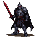 Menacing knight in dark armor with glowing crimson eyes, holding a blood-red sword.