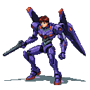 Young male pilot in a purple and orange mecha suit with back wings, holding a weapon.