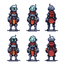 Fantasy cyborg librarian with metallic armor, glowing teal eyes, antenna, and orange-red scarf and kilt.
