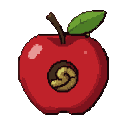 A red apple with a single green leaf, featuring a hole with a curled golden-yellow worm inside.