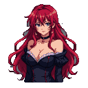 Anime woman with flowing crimson hair, piercing blue eyes, and a subtle smile, wearing a dark off-the-shoulder lace-trimmed dress and choker.
