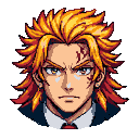 Pixel portrait of a young man with spiky yellow-to-crimson hair, amber and grey determined eyes, and subtle red facial markings. He wears a white shirt and dark tie.
