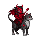 A tiny devil in red armor and bat wings rides a grey tabby cat with red eyes, holding a trident.